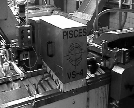 Actual Pisces VS-4 CogniSight waterproof camera enclosure mounted above the fish conveyor